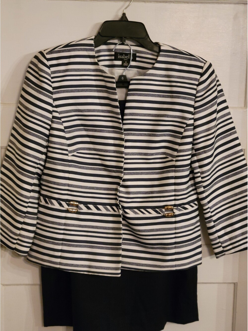 Isabella 2PC Navy/White Stripe Blazer  3/4 Sleeve Polyester Skirt Suit Size 8
